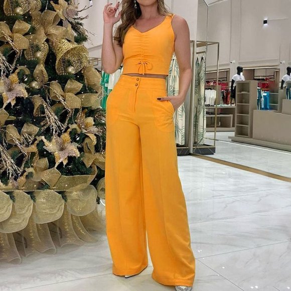 Solid Color Sleeveless Suspender Elegant Summer Wide Leg Pant Outfit - Picture 7 of 7